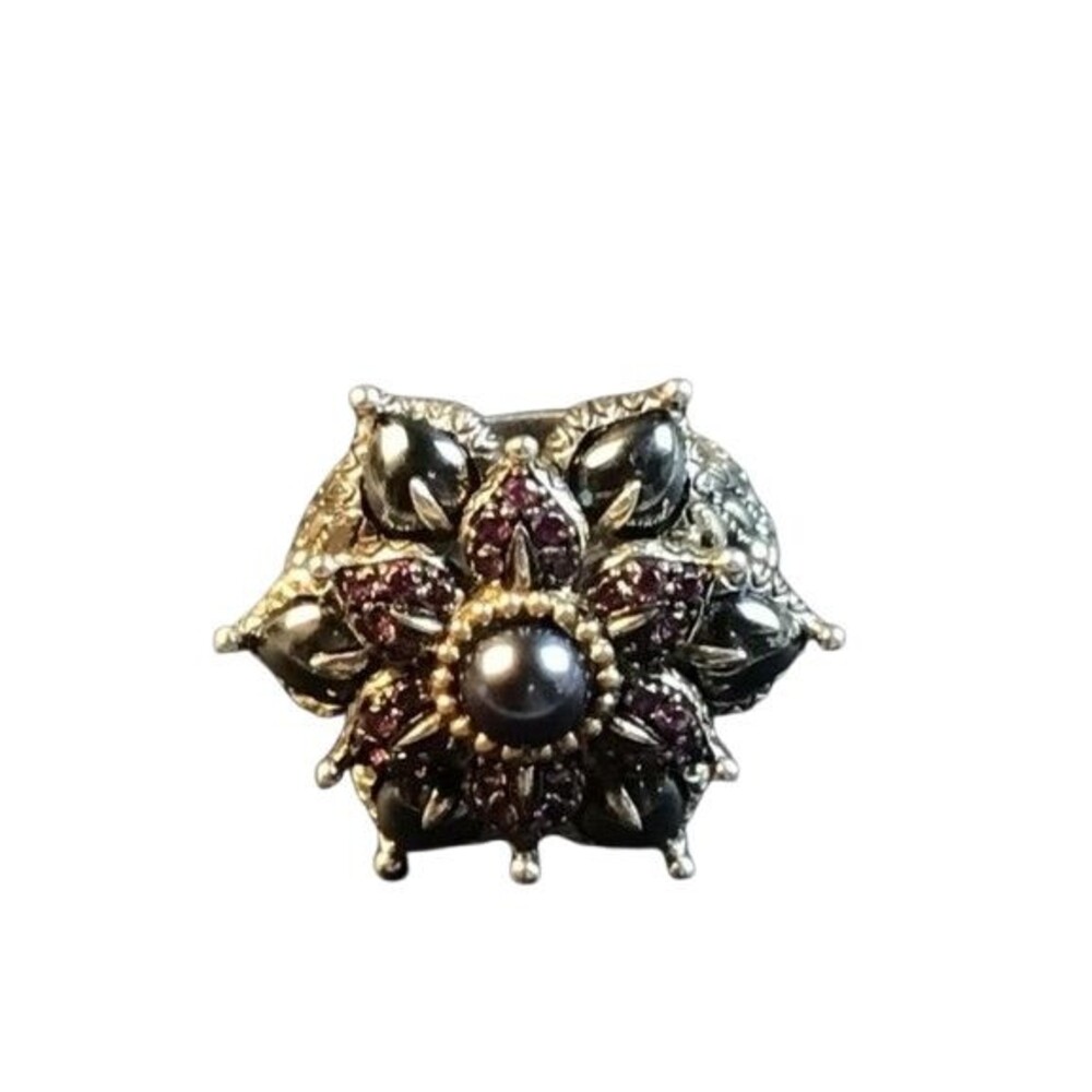 Barbara Bixby Sterling Silver 18K Black Pearl Garnet Flower Cocktail Ring Size 8